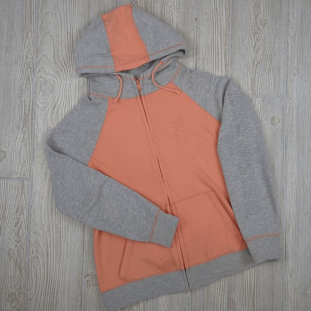 Browning Women’s Large Coral & Grey Colorblock Full Zip Jacket Coat Hooded